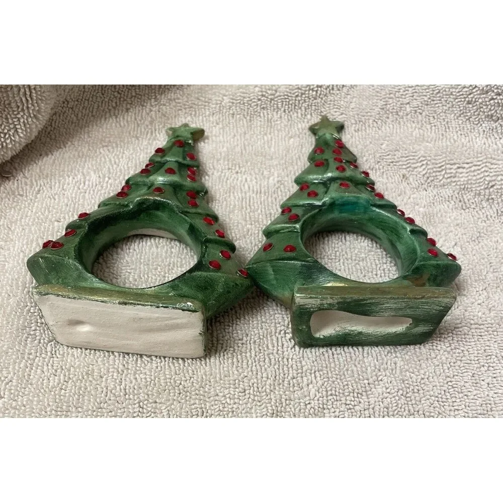 Vintage Handcrafted Christmas Tree Napkin Rings Green‎ Ceramic Set of 2 Pcs